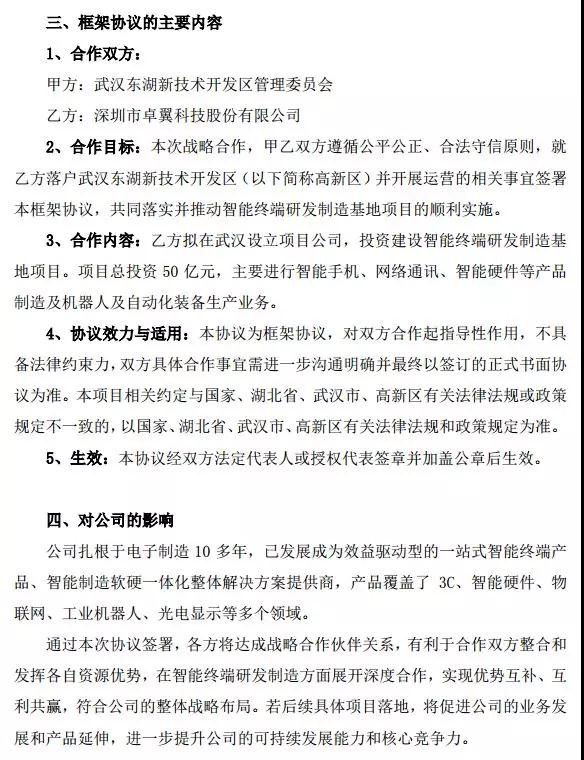 卓翼科技：投資50億在武漢建智能終端研發(fā)制造基地