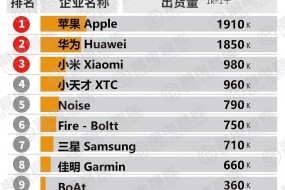 2024年9月智能手表品牌出貨量排行榜TOP10